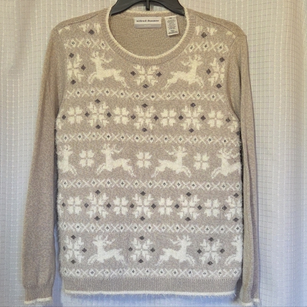 Alfred Dunner Womens Fuzzy Sweater Gray White Reindeer Holiday Christmas Size MP